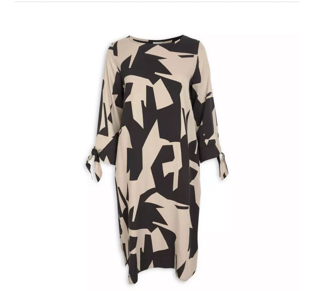 Beige And Black Abstract Print Dress