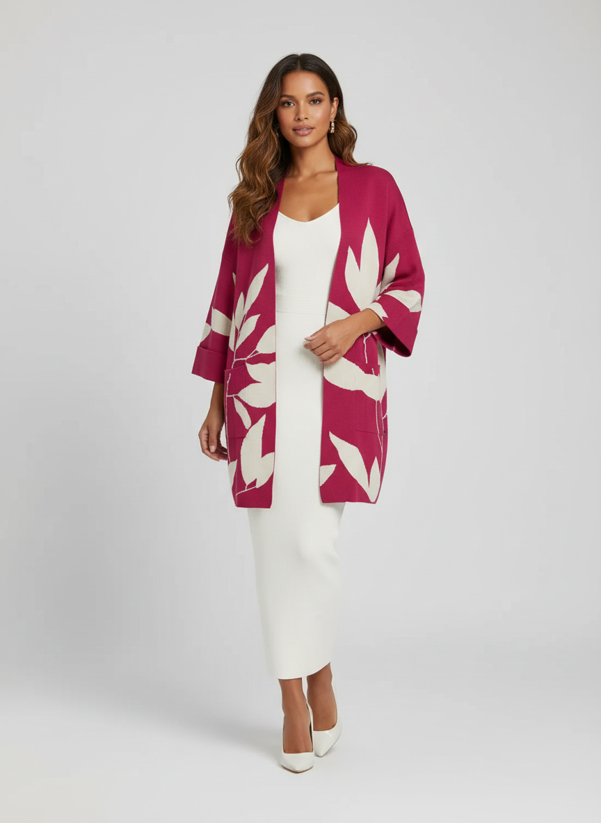 Pink Cardigan With Leaf Print