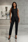 Black Linen WaistCoat With Gold Button