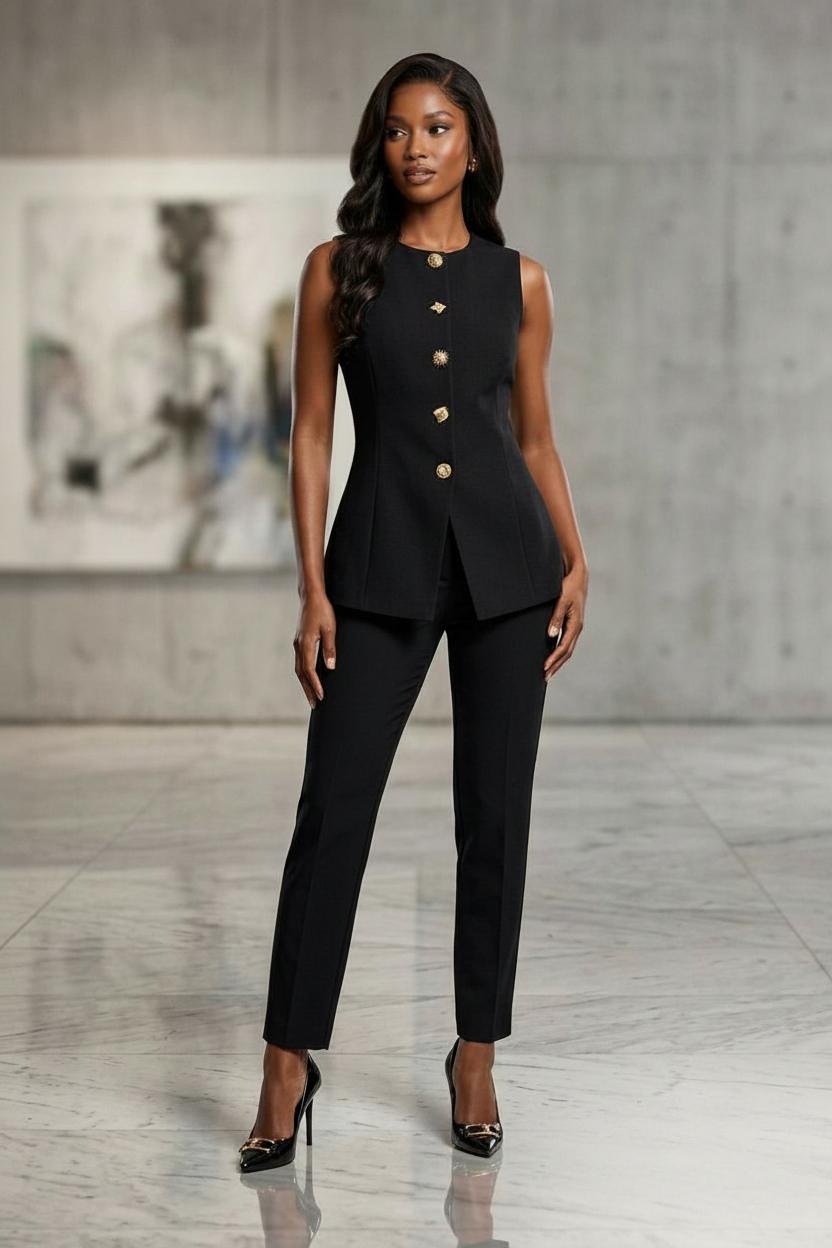 Black Linen WaistCoat With Gold Button